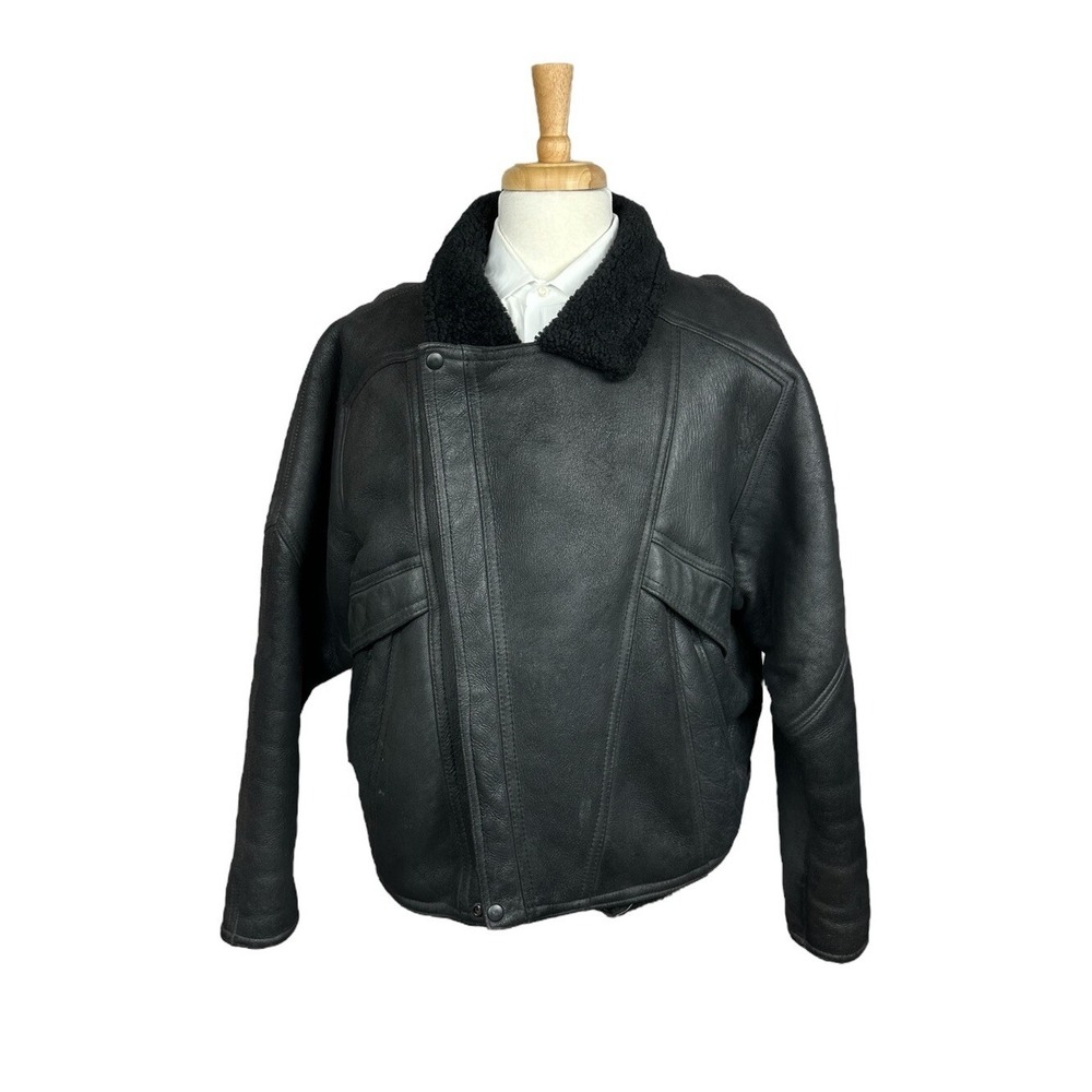 VINTAGE ARTECHO MIRAGE MEN L BLACK GENUINE SHEARLING/SHEEPSKIN LEATHER JACKET US